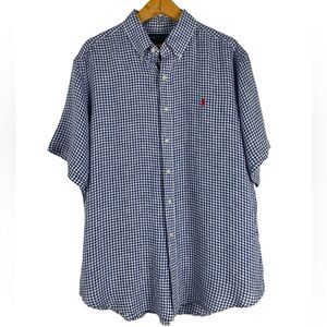 Ralph Lauren Classic Fit Linen Blue White‎ Gingham Button Down Shirt Size XL